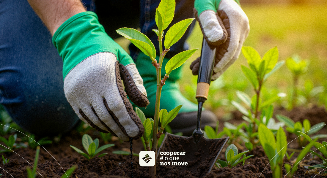 Sustentabilidade - Pessoa agachada segurando uma pá pequena com uma das mãos enquanto planta uma muda de árvore na terra.